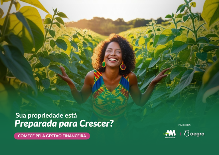 Mulher feliz em plantação de soja.